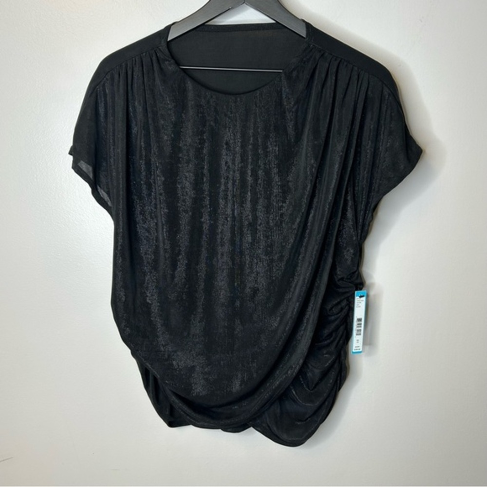 Alice + Olivia Black Shimmery Short Sleeve Draped Ruched Top Size XS NWT
